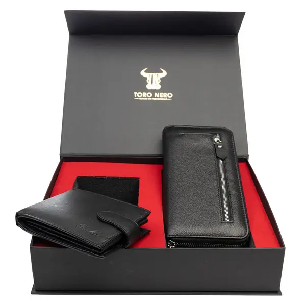 Set cadou portofel femei+ portofel barbati din piele naturala negru Arya-Viki