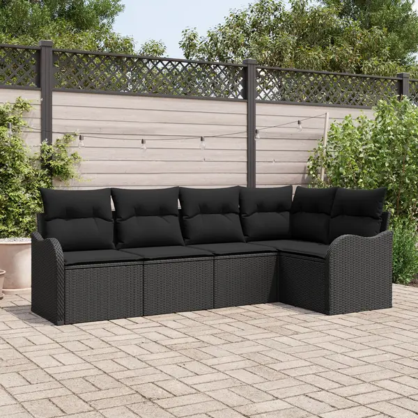 Set canapea de gradina cu 5 piese si perne din poliratan negru Gossi, canapea de gradina cu 2 locuri si perne din poliratan negru Gossi