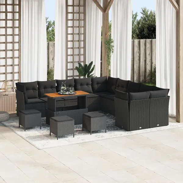 Set canapea de gradina Gossi 13 piese cu perne din ratan negru acacia, set dining de gradina Gossi 3 piese cu perne din ratan negru acacia