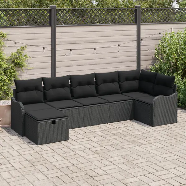Set canapea de gradina Gossi 7 piese cu perne negru ratan poli, canapea de gradina Gossi 2 locuri cu perne negru ratan poli