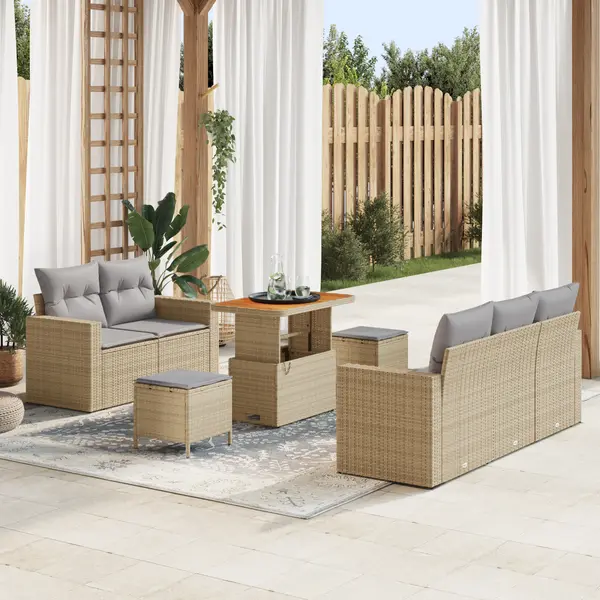 Set canapea de gradina Gossi 8 piese cu perne bej ratan poli acacia, set de masa de gradina Gossi 3 piese cu perne bej ratan poli acacia