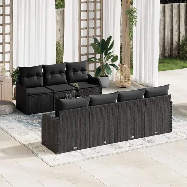 Set canapea de gradina Gossi 8 piese cu perne ratan negru, canapea de gradina Gossi 2 locuri cu perne ratan negru