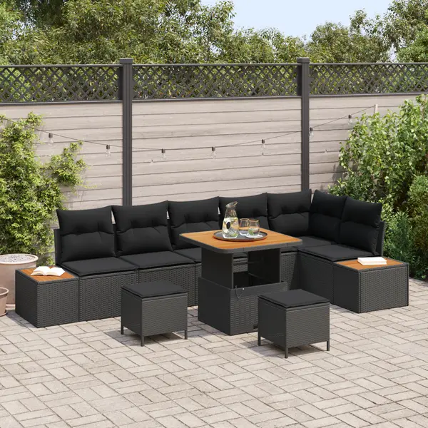 Set canapea de gradina Gossi 9 piese cu perne negre poliratan acacia, set dining de gradina Gossi 3 piese cu perne negre poliratan acacia
