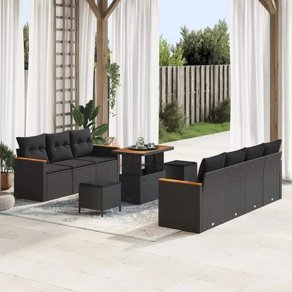 Set canapea de gradina Gossi cu 10 piese si perne negru ratan polimeric acacia, set de gradina Gossi cu 3 piese si perne negru ratan polimeric acacia