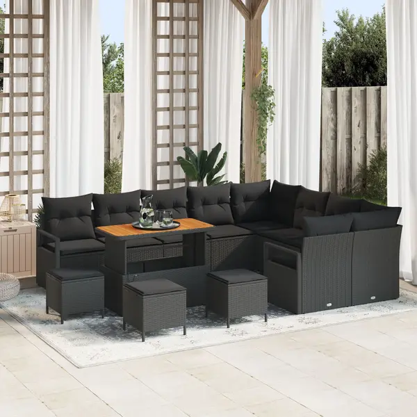 Set canapea de gradina Gossi cu 13 piese si perne negru ratan acacia, canapea de gradina Gossi pentru 2 persoane cu depozitare si perne negru ratan poli, set dining gradina Gossi cu 4 piese si perne negru ratan acacia
