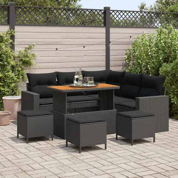 Set canapea de gradina Gossi cu perne negru ratan poli acacia 9 piese, set dining gradina Gossi cu perne negru ratan poli acacia 4 piese