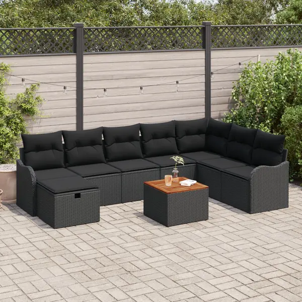 Set canapea de gradina Gossi cu perne poliratan negru, canapea de gradina Gossi cu 2 locuri cu perne poliratan negru