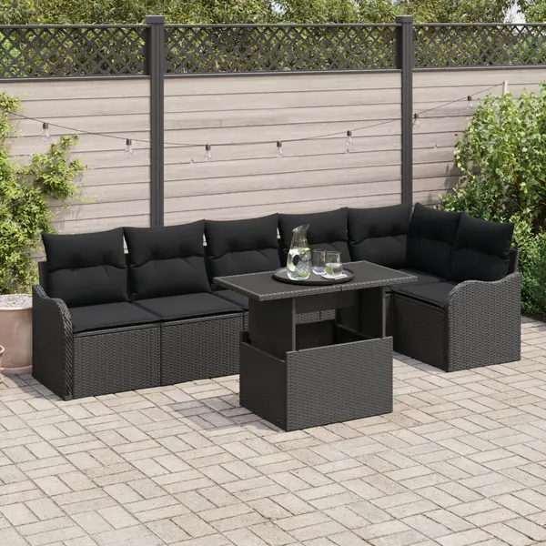 Set canapea de gradina neagra Gossi cu 7 piese si perne din poliratan, canapea de gradina neagra Gossi cu 2 locuri si perne din poliratan