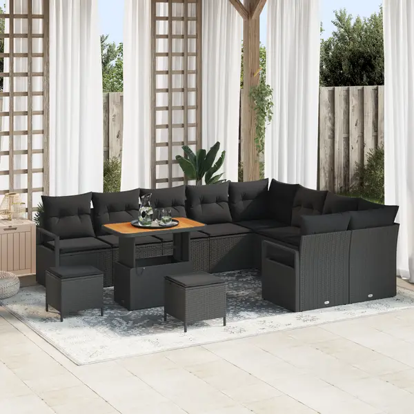 Set canapea gradina 12 piese cu perne negre ratan sintetic acacia, canapea gradina cu stocare si 2 locuri negre ratan sintetic, set dining gradina 3 piese cu perne negre ratan sintetic acacia