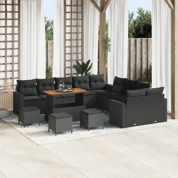 Set canapea gradina 14 piese cu perne negru poliratan acacia, set dining gradina 4 piese cu perne negru poliratan acacia
