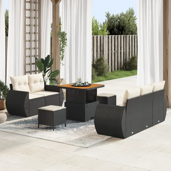 Set canapea gradina 8 piese cu perne negre din ratan poli acacia, set mese gradina 3 piese cu perne negre din ratan poli acacia