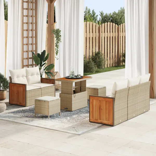 Set canapea gradina 8 piese cu pernite bej poli rattan acacia, canapea gradina 2 locuri cu pernite bej poli rattan, set cina gradina 3 piese cu pernite bej poli rattan acacia