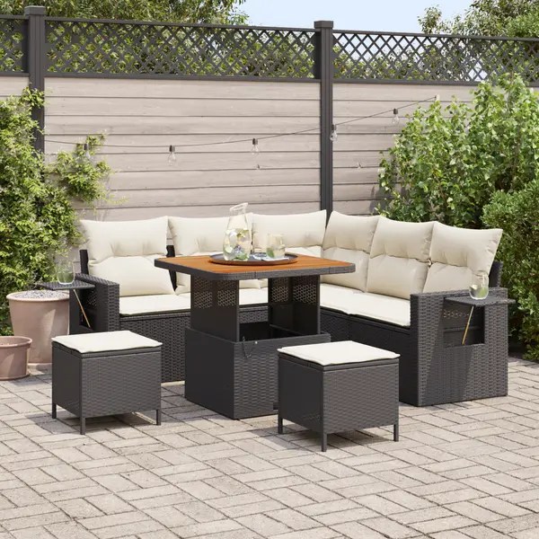 Set canapea gradina 8 piese si perne, negru, poliratan, acacia, set dining gradina 3 piese cu perne, negru, poliratan, acacia