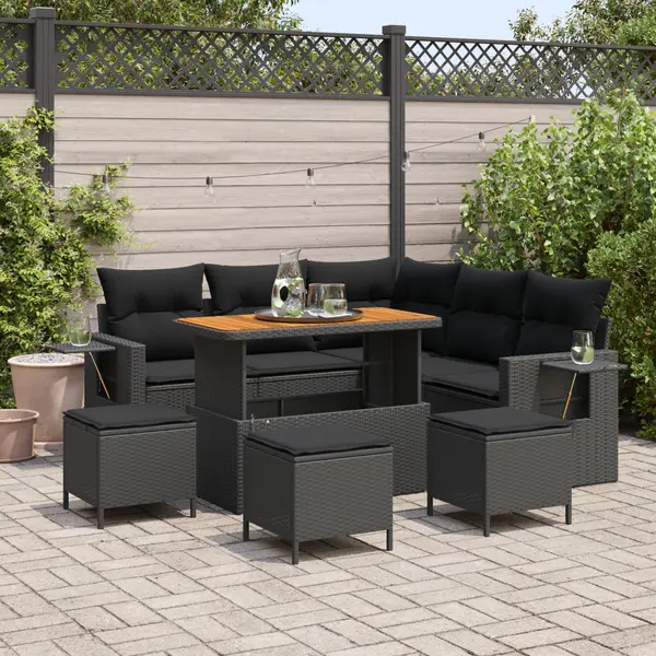 Set canapea gradina 9 piese cu perne - poli ratan negru acacia, set dining gradina 4 piese cu perne - poli ratan negru acacia