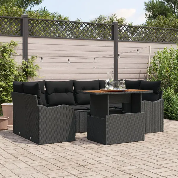 Set canapea gradina cu 7 piese cu perne negru ratan poliester acacia, canapea gradina cu 2 locuri cu perne negru ratan poliester