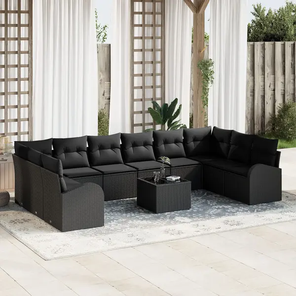 Set canapea gradina Gossi 11 piese cu perne bej din poliratan, canapea gradina Gossi 2 locuri cu storage & perne negre din poliratan