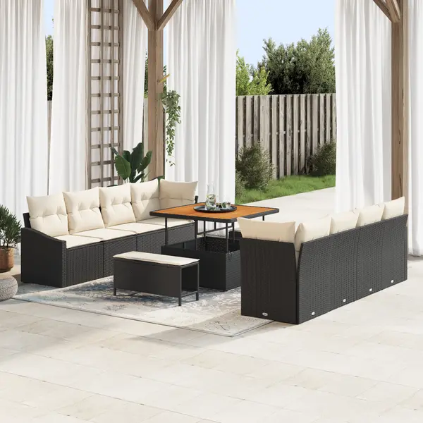 Set canapea gradina Gossi 11 piese cu perne negre din ratan poli si acacia, canapea gradina Gossi 2 locuri cu perne negre din ratan poli, set de dining gradina Gossi 3 piese cu perne negre din ratan poli si acacia