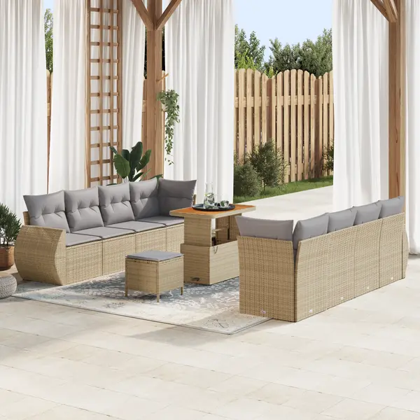 Set canapea gradina Gossi 11 piese pernute bej ratan poli acacia, set cina gradina Gossi 3 piese pernute bej ratan poli acacia