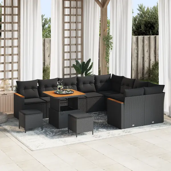 Set canapea gradina Gossi 12 piese cu perne negru poliratan acacia, set dining gradina Gossi 3 piese cu perne negru poliratan acacia