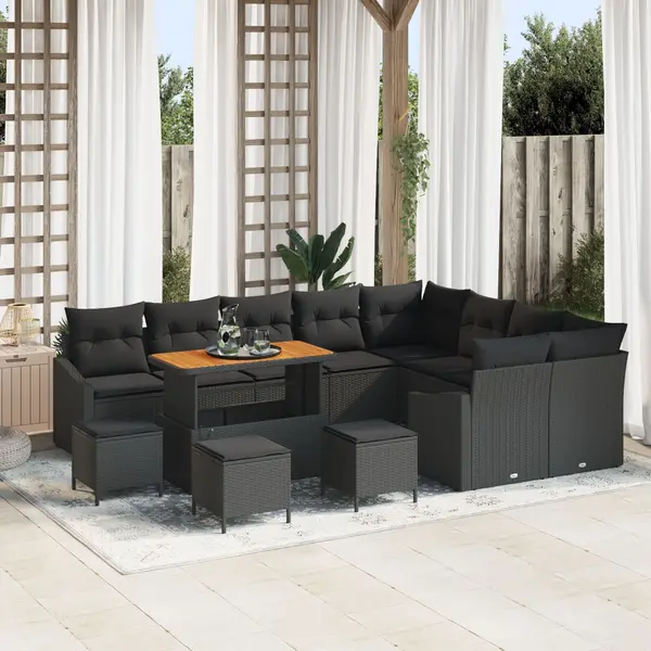 Set canapea gradina Gossi 13 piese cu perna negru ratan pe acacia, canapea gradina Gossi 2 locuri cu depozitare & perne negru ratan pe, set de dining gradina Gossi 4 piese cu perne negru ratan pe acacia