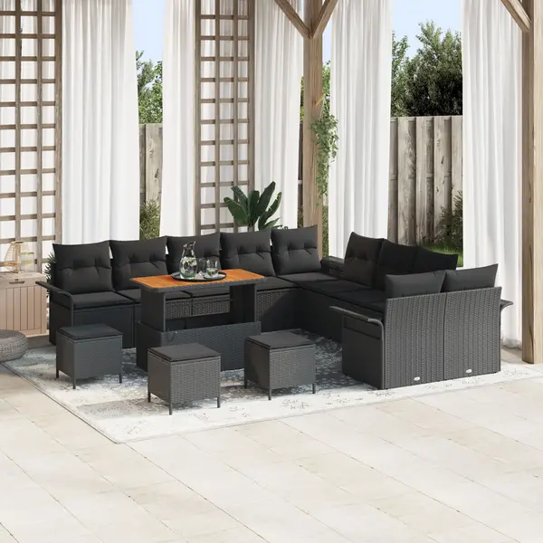 Set canapea gradina Gossi 13 piese cu perne negru poliratan acacia, canapea gradina Gossi pentru 2 persoane cu depozitare si perne negru poliratan, set dining gradina Gossi 3 piese cu perne negru poliratan acacia