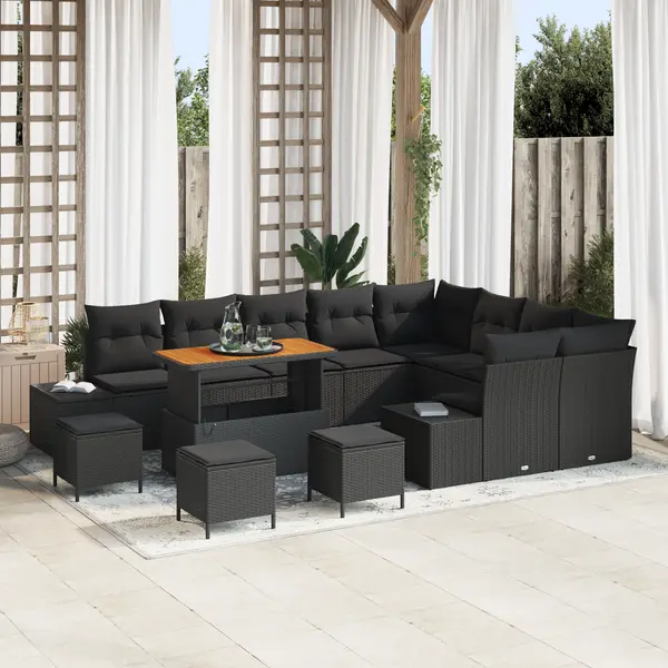 Set canapea gradina Gossi 13 piese cu pernite ratan polimer negru acacia, set canapea gradina Gossi pentru 2 persoane cu spatiu de depozitare si pernite ratan polimer negru, set dining gradina Gossi 4 piese cu pernite ratan polimer negru acacia