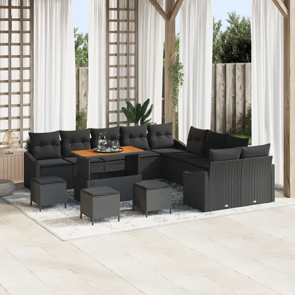 Set canapea gradina Gossi 14 piese cu perne negru ratan polimeric acacia, set canapea gradina Gossi 2 locuri cu perne negru ratan polimeric, set dining gradina Gossi 4 piese cu perne negru ratan polimeric acacia