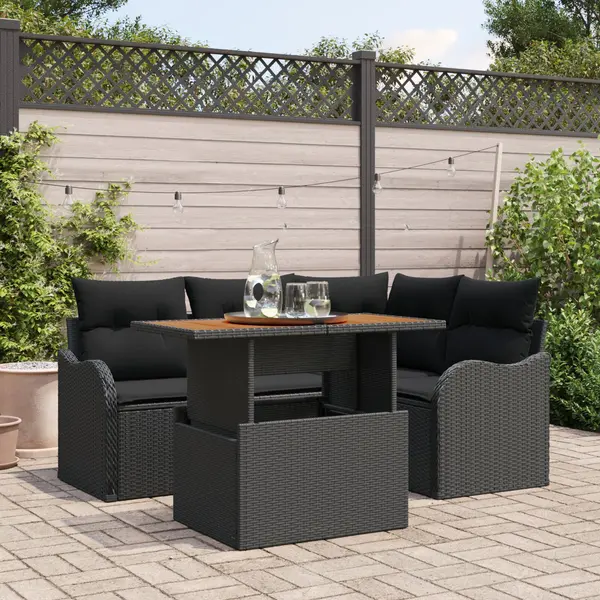 Set canapea gradina Gossi 5 piese cu perna neagra din ratan poliester acacia, canapea gradina Gossi cu 2 locuri si perna neagra din ratan poliester