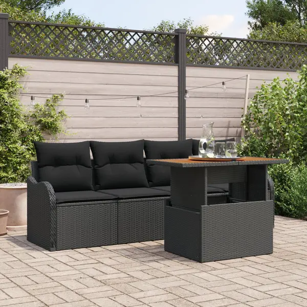 Set canapea gradina Gossi 5 piese cu perne negru poliratan acacia, canapea gradina Gossi 2 locuri cu perne negru poliratan