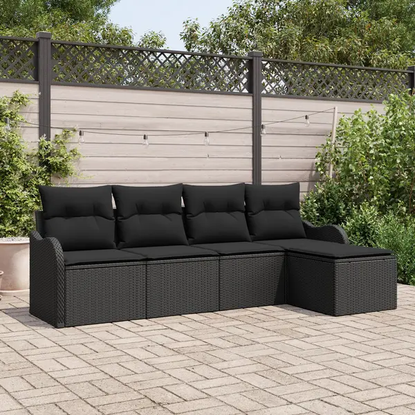 Set canapea gradina Gossi 5 piese cu perne negru poliratan, canapea gradina Gossi 2 locuri cu perne negru poliratan