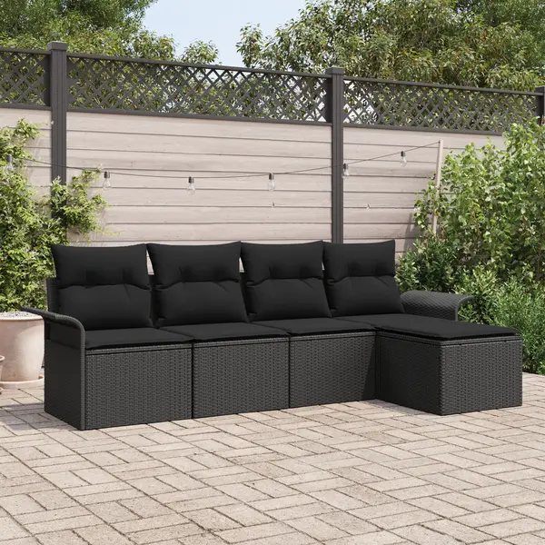 Set canapea gradina Gossi, 5 piese cu perne, ratan polimer negru, canapea gradina Gossi cu depozitare si perne, 2 locuri, ratan polimer negru