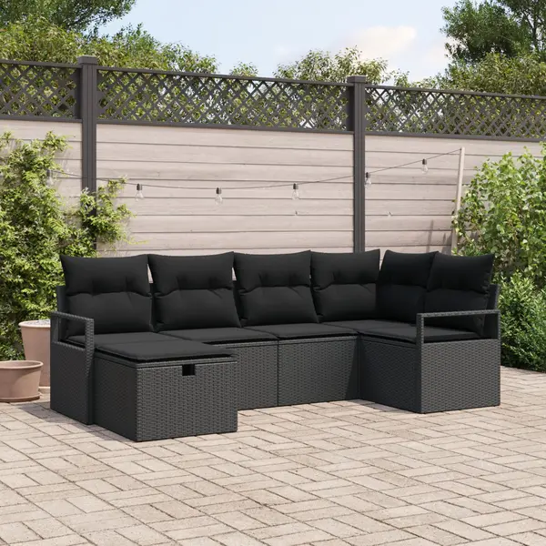 Set canapea gradina Gossi 6 piese cu perne din ratan negru, canapea gradina Gossi 2 locuri cu spatiu depozitare si perne din ratan negru