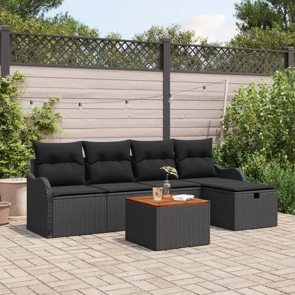 Set canapea gradina Gossi 6 piese cu perne negre ratan poli, canapea gradina Gossi 2 locuri perne negre ratan poli