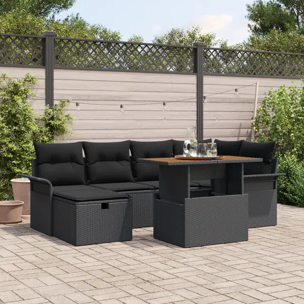Set canapea gradina Gossi 7 piese cu perne negru poliratan, canapea gradina Gossi 2 locuri cu spatiu stocare & perne negru poliratan
