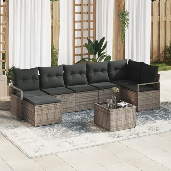 Set canapea gradina Gossi 7 piese cu pernite negru ratan poli, canapea gradina Gossi 2 locuri cu stocare si pernite gri ratan poli