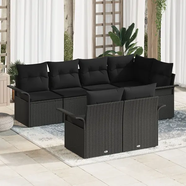 Set canapea gradina Gossi 7 piese cu pernute negru poliratan, canapea gradina Gossi 2 locuri cu depozitare si pernute negru poliratan