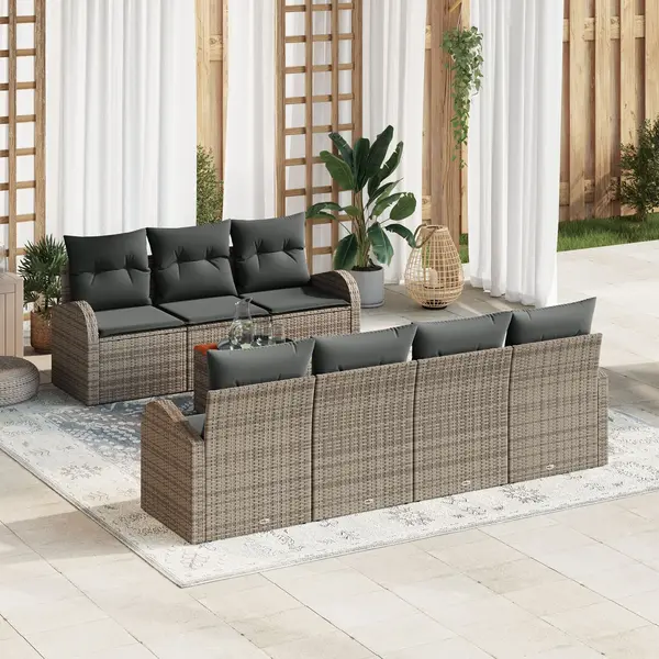 Set canapea gradina Gossi 8 piese cu perne gri din ratan poli acacia, canapea gradina Gossi 2 locuri cu storage & perne gri din ratan poli
