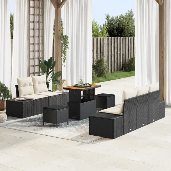 Set canapea gradina Gossi 8 piese cu perne negre din poli ratan acacia, canapea gradina Gossi 2 locuri cu perne negre din poli ratan, set dining gradina Gossi 3 piese cu perne negre din poli ratan acacia