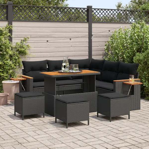 Set canapea gradina Gossi 8 piese cu perne negru poli ratan acacia, set masa gradina Gossi 3 piese cu perne negru poli ratan acacia