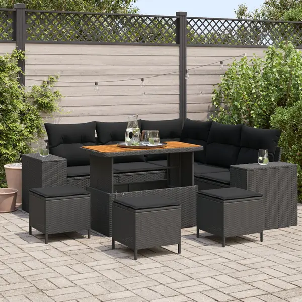 Set canapea gradina Gossi 8 piese cu perne negru poliratan acacia, set dining gradina Gossi 3 piese cu perne negru poliratan acacia