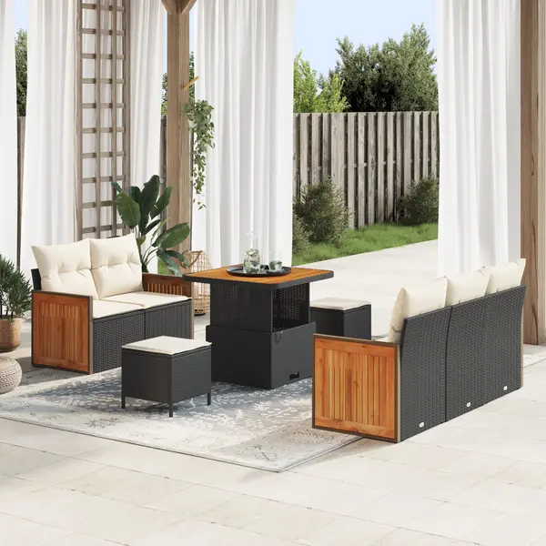 Set canapea gradina Gossi 8 piese cu perne negru ratan polimer acacia, canapea gradina Gossi 2 locuri cu perne negru ratan polimer, set dining gradina Gossi 3 piese cu perne negru ratan polimer acacia
