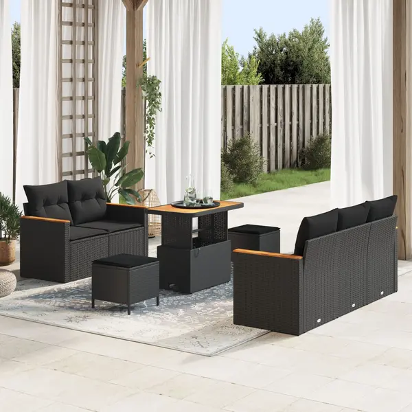 Set canapea gradina Gossi 8 piese si pernute negru poliratan acacia, set dining gradina Gossi 3 piese si pernute negru poliratan acacia
