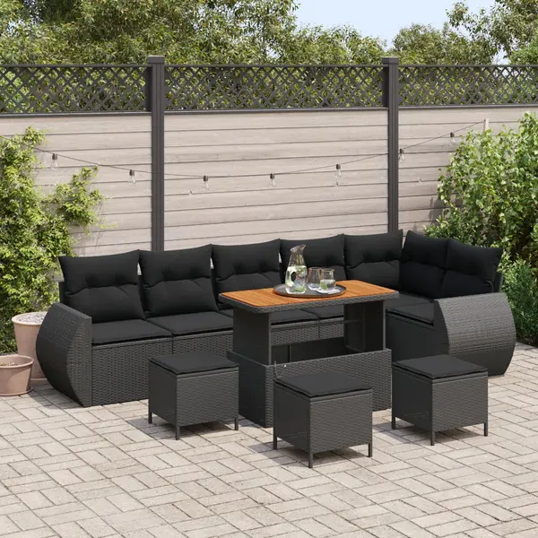 Set canapea gradina Gossi 9 piese cu perne negru poliratan acacia, set dining gradina Gossi 3 piese cu perne negru poliratan acacia