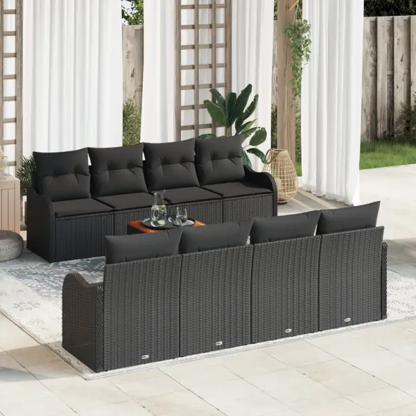 Set canapea gradina Gossi 9 piese cu perne ratan negru acacia, canapea gradina Gossi cu doua locuri cu depozitare si perne ratan negru