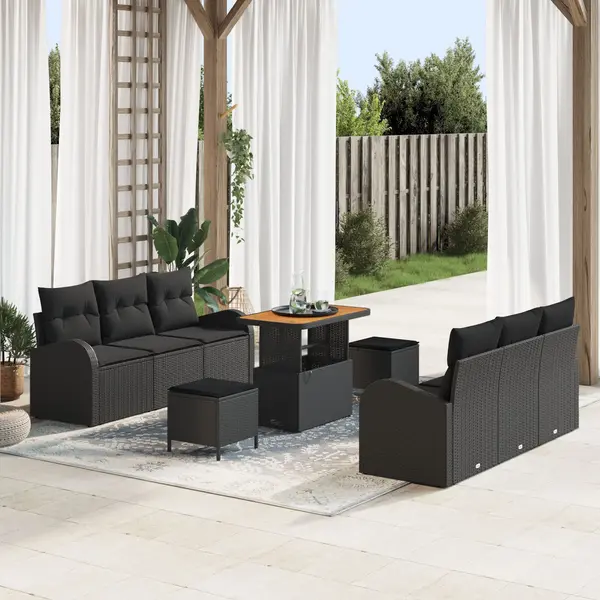 Set canapea gradina Gossi 9 piese cu perne, ratan negru, canapea gradina Gossi 2 locuri cu perne, ratan negru, set dining gradina Gossi 3 piese cu perne, ratan negru