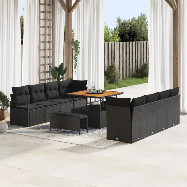 Set canapea gradina Gossi cu 11 piese perne negru ratan polimer acacia, canapea gradina Gossi cu 2 locuri spatiu depozitare si perne negre ratan polimer, set gradina Gossi cu 3 piese perne negre ratan polimer acacia