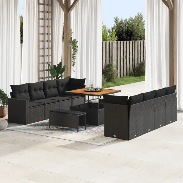 Set canapea gradina Gossi cu 11 piese si perne ratan polimer negru, set masa si canapea gradina Gossi cu 3 piese ratan polimer negru
