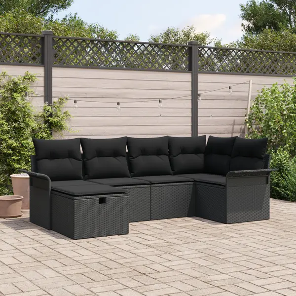 Set canapea gradina Gossi cu 6 piese si perne din poliratan negru, canapea gradina Gossi cu 2 locuri, spatiu depozitare si perne din poliratan negru