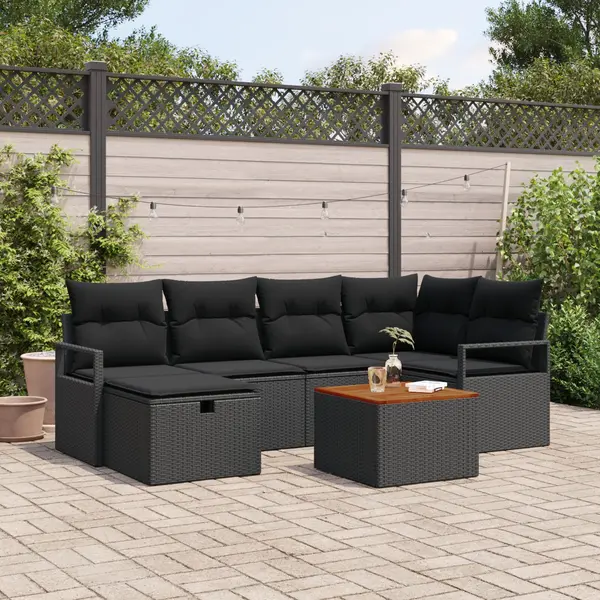 Set canapea gradina Gossi cu 7 piese si perne din poliratan negru, canapea gradina Gossi cu 2 locuri cu stocare & perne din poliratan negru