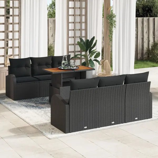 Set canapea gradina Gossi cu 7 piese si perne rattan poliratan negru, canapea gradina Gossi cu 2 locuri cu depozitare si perne rattan poliratan negru